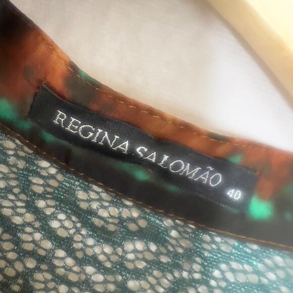 Brazilian Brand Button Down Abstract Print Lace Detail Blouse Size Medium - Picture 6 of 8